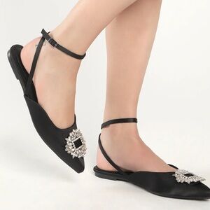 NWT- Lulus Black Slingback Flats with Rhinestone Buckle